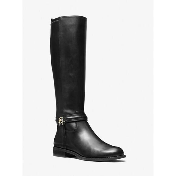 MICHAEL KORS MINDY LEATHER KNEE HIGH BLACK RIDING FLAT BOOT NEW IN BOX SZ 5.5 - Picture 1 of 7